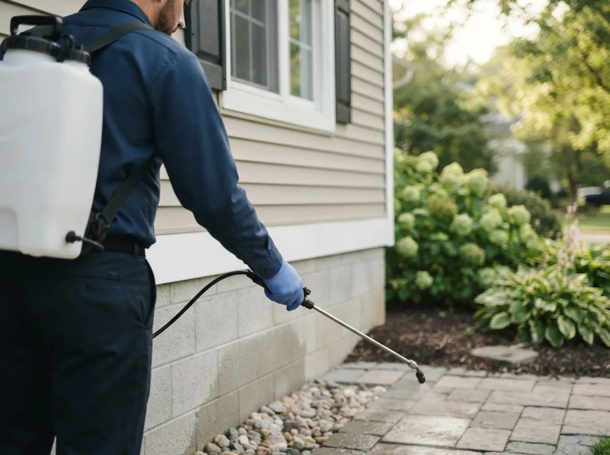 Pest control technician inspecting a home in Freedom, NY